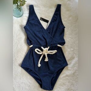 NWT. Lisa Marie Hernandez Yasmin drawstring maillot terry cloth in navy. Sz 0.